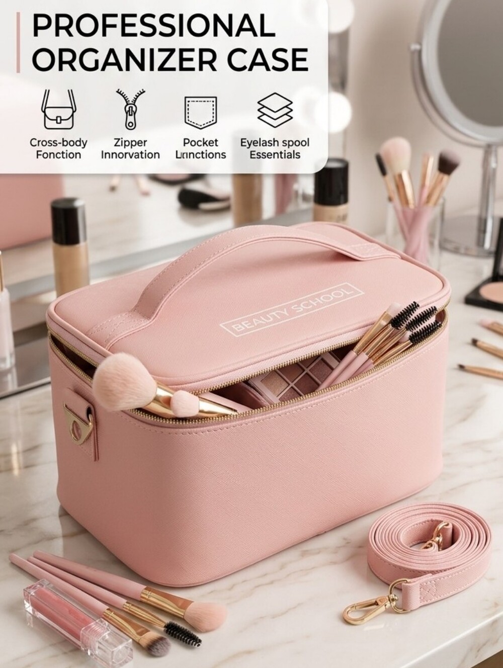 BEAUTY SCHOOL Pink Professional Travel Cosmetic Case Organizer